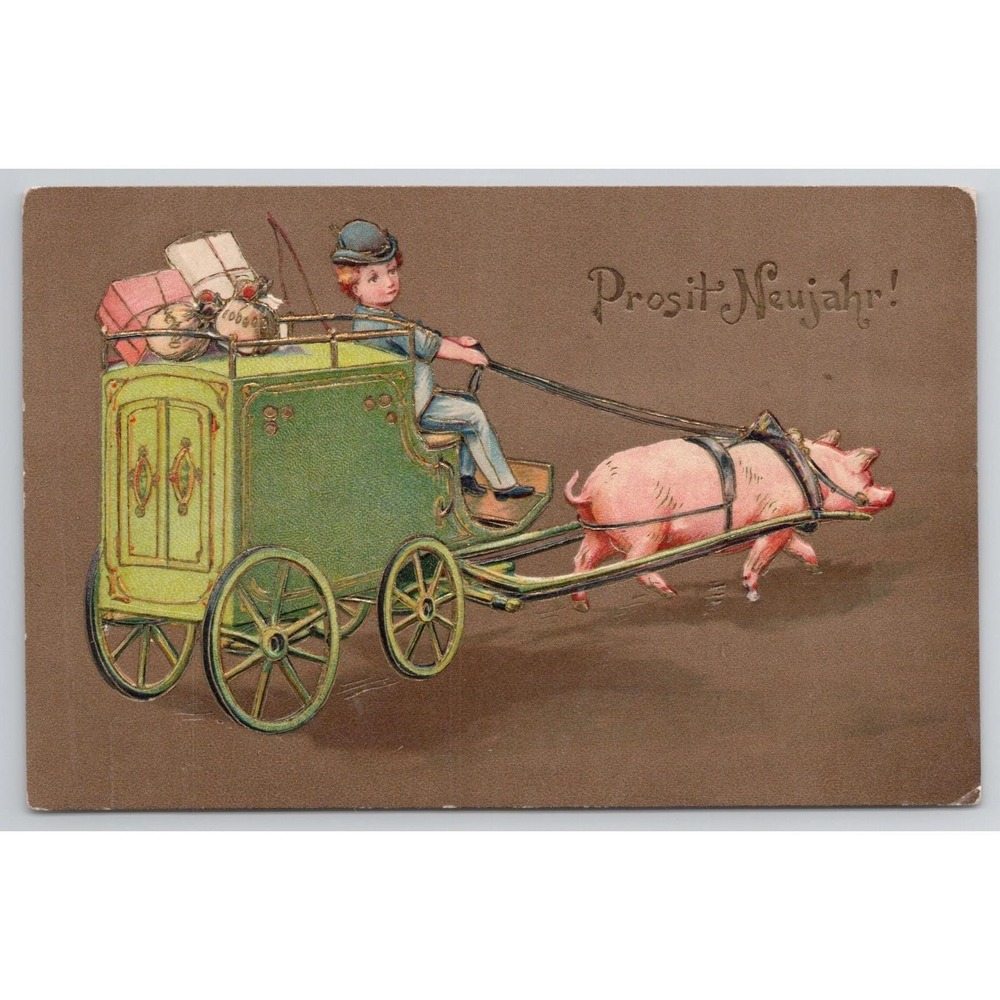 Vintage German New Year Postcard c.1907 Lucky Pig Cheers Boy Cart Austria Stamp